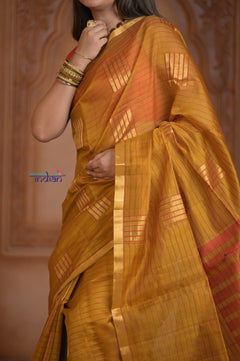 Shubh Lakshmi ~ Handloom Cotton Silk Saree in Gold Yellow and Red - verymuchindian.com