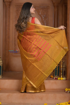 Shubh Lakshmi ~ Handloom Cotton Silk Saree in Gold Yellow and Red - verymuchindian.com