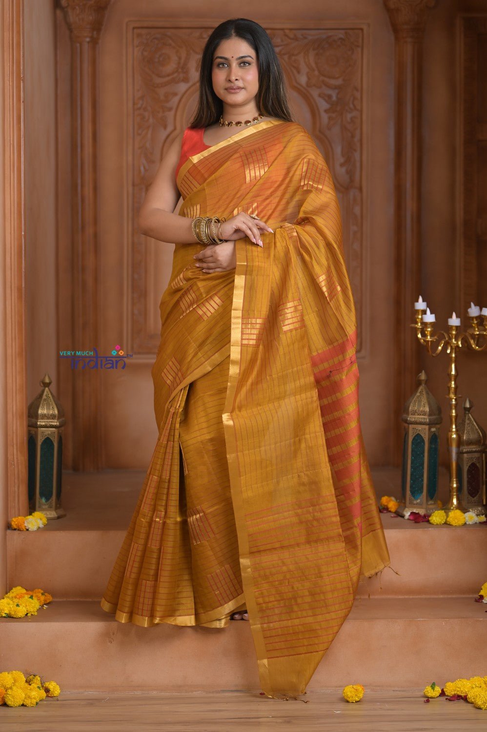 Shubh Lakshmi ~ Handloom Cotton Silk Saree in Gold Yellow and Red - verymuchindian.com