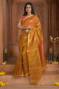 Shubh Lakshmi ~ Handloom Cotton Silk Saree in Gold Yellow and Red - verymuchindian.com
