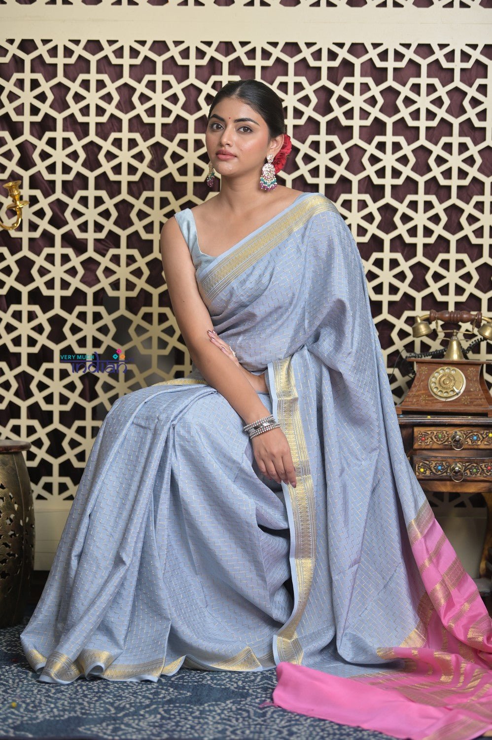 Shubh Lakshmi~ Handloom High Quality Pure Mysore Silk Saree in Powder Blue (Silk Mark Certified) - verymuchindian.com