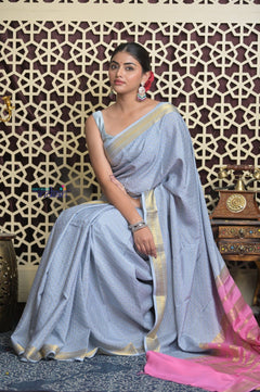 Shubh Lakshmi~ Handloom High Quality Pure Mysore Silk Saree in Powder Blue (Silk Mark Certified) - verymuchindian.com