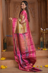 Shubh Lakshmi~ Handloom High Quality Pure Soft Brocade Silk Saree in Fuchsia Pink & Antique Gold (Silk Mark Certified) - verymuchindian.com