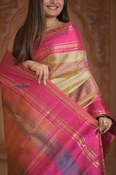 Shubh Lakshmi~ Handloom High Quality Pure Soft Brocade Silk Saree in Fuchsia Pink & Antique Gold (Silk Mark Certified) - verymuchindian.com