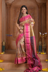 Shubh Lakshmi~ Handloom High Quality Pure Soft Brocade Silk Saree in Fuchsia Pink & Antique Gold (Silk Mark Certified) - verymuchindian.com