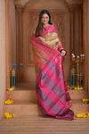 Shubh Lakshmi~ Handloom High Quality Pure Soft Brocade Silk Saree in Fuchsia Pink & Antique Gold (Silk Mark Certified) - verymuchindian.com