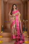 Shubh Lakshmi~ Handloom High Quality Pure Soft Brocade Silk Saree in Fuchsia Pink & Antique Gold (Silk Mark Certified) - verymuchindian.com