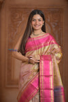 Shubh Lakshmi~ Handloom High Quality Pure Soft Brocade Silk Saree in Fuchsia Pink & Antique Gold (Silk Mark Certified) - verymuchindian.com