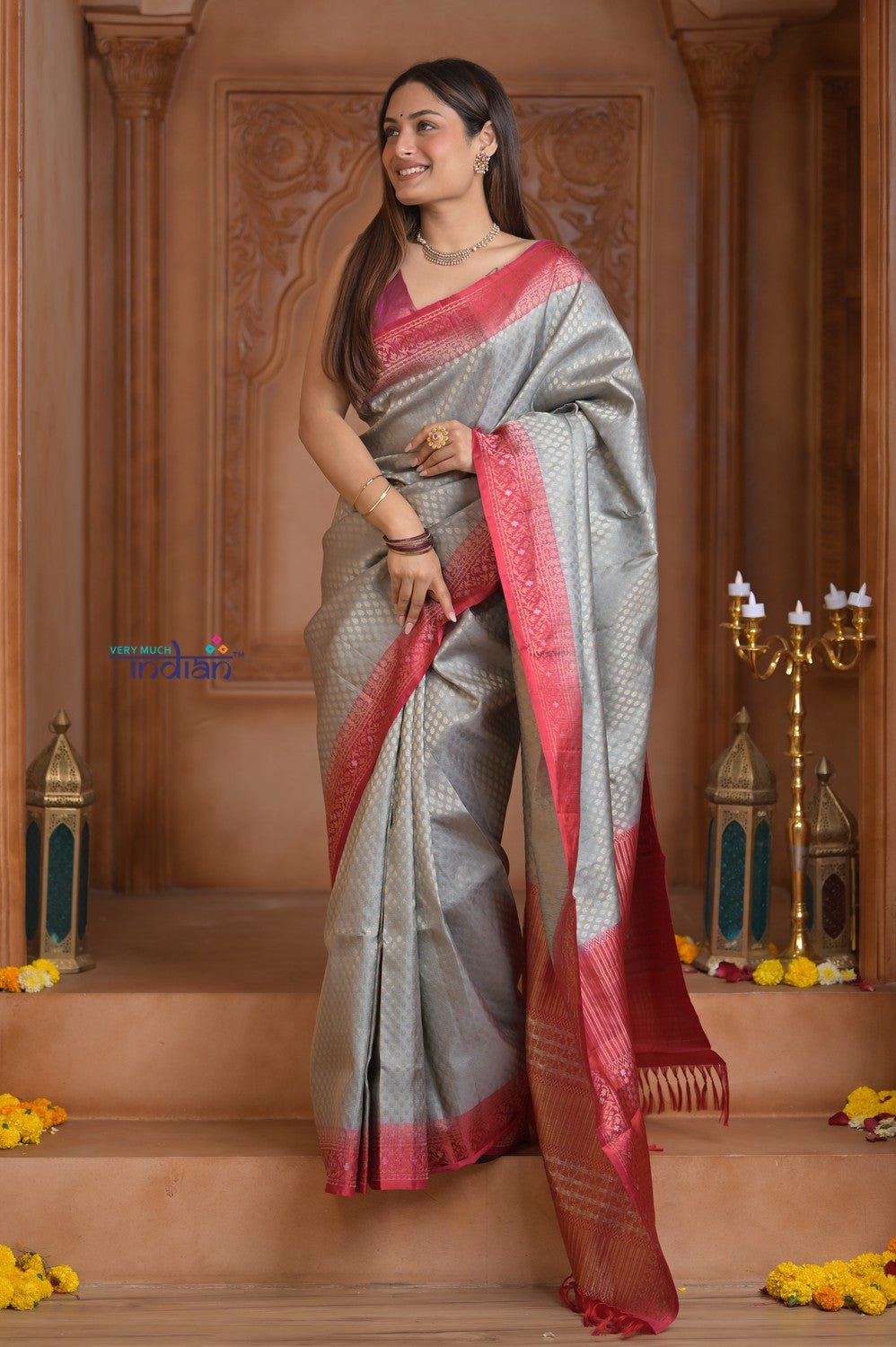Shubh Lakshmi~ Handloom High Quality Pure Soft Silk Brocade Saree in Light Yellow (Silk Mark Certified) - verymuchindian.com