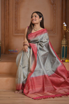 Shubh Lakshmi~ Handloom High Quality Pure Soft Silk Brocade Saree in Light Yellow (Silk Mark Certified) - verymuchindian.com
