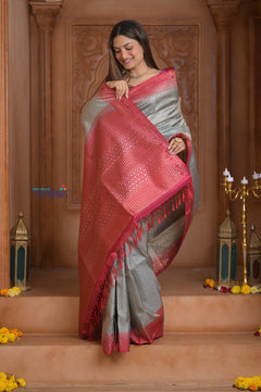 Shubh Lakshmi~ Handloom High Quality Pure Soft Silk Brocade Saree in Light Yellow (Silk Mark Certified) - verymuchindian.com