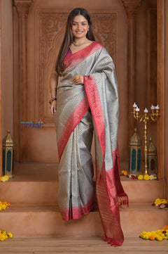 Shubh Lakshmi~ Handloom High Quality Pure Soft Silk Brocade Saree in Light Yellow (Silk Mark Certified) - verymuchindian.com