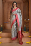 Shubh Lakshmi~ Handloom High Quality Pure Soft Silk Brocade Saree in Light Yellow (Silk Mark Certified) - verymuchindian.com