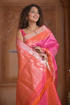 Shubh Lakshmi ~ Handloom High Quality Pure Soft Silk Brocade Saree in Pink and Orange (Silk Mark Certified) - verymuchindian.com