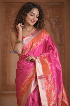 Shubh Lakshmi ~ Handloom High Quality Pure Soft Silk Brocade Saree in Pink and Orange (Silk Mark Certified) - verymuchindian.com