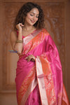 Shubh Lakshmi ~ Handloom High Quality Pure Soft Silk Brocade Saree in Pink and Orange (Silk Mark Certified) - verymuchindian.com