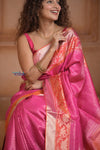 Shubh Lakshmi ~ Handloom High Quality Pure Soft Silk Brocade Saree in Pink and Orange (Silk Mark Certified) - verymuchindian.com