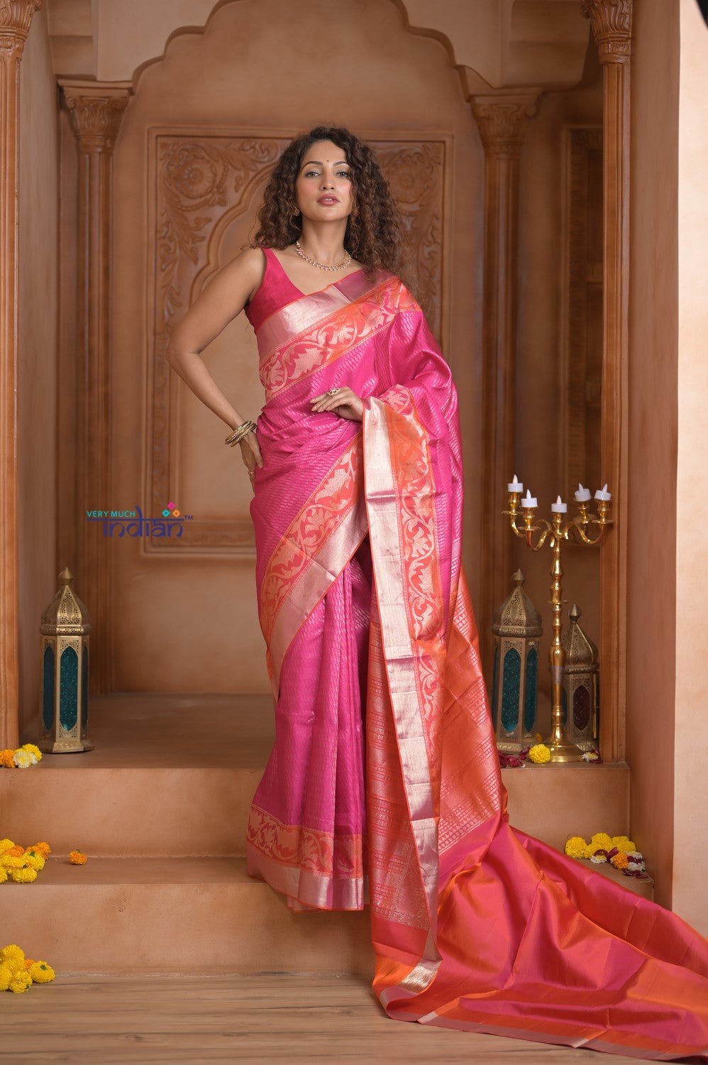 Shubh Lakshmi ~ Handloom High Quality Pure Soft Silk Brocade Saree in Pink and Orange (Silk Mark Certified) - verymuchindian.com