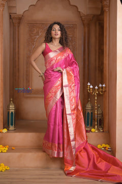 Shubh Lakshmi ~ Handloom High Quality Pure Soft Silk Brocade Saree in Pink and Orange (Silk Mark Certified) - verymuchindian.com