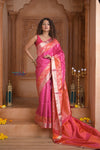 Shubh Lakshmi ~ Handloom High Quality Pure Soft Silk Brocade Saree in Pink and Orange (Silk Mark Certified) - verymuchindian.com