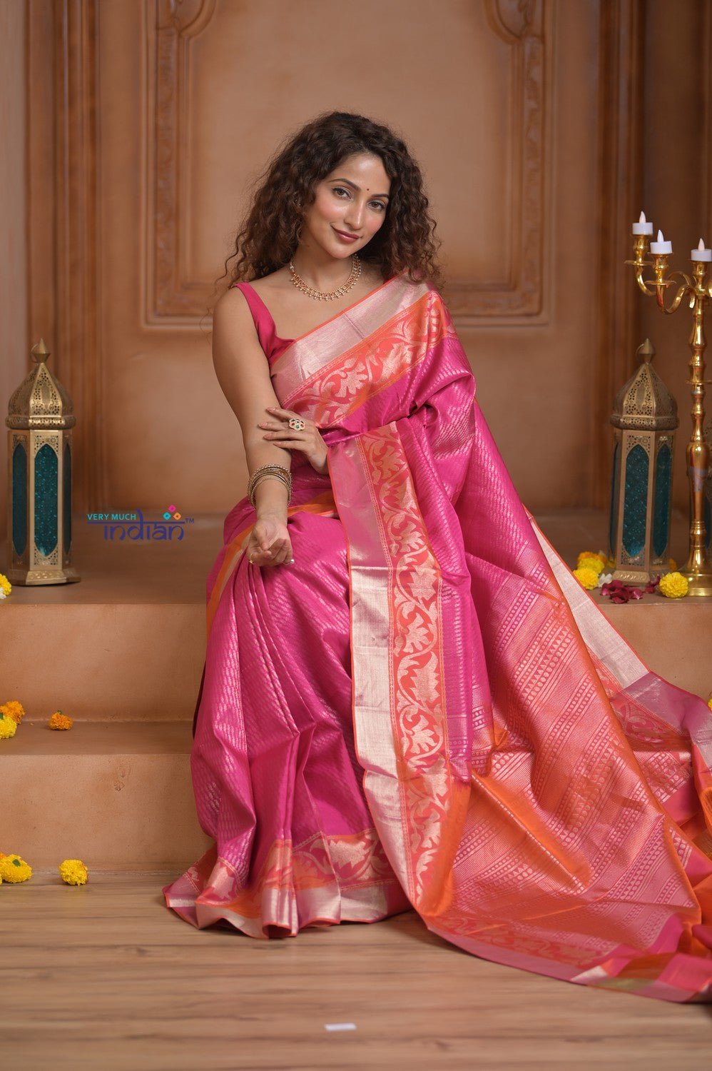 Shubh Lakshmi ~ Handloom High Quality Pure Soft Silk Brocade Saree in Pink and Orange (Silk Mark Certified) - verymuchindian.com