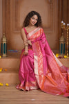 Shubh Lakshmi ~ Handloom High Quality Pure Soft Silk Brocade Saree in Pink and Orange (Silk Mark Certified) - verymuchindian.com
