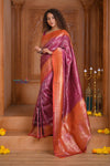 Shubh Lakshmi ~ Handloom High Quality Pure Soft Silk Brocade Saree in Rose Pink and Orange (Silk Mark Certified) - verymuchindian.com