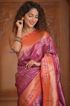 Shubh Lakshmi ~ Handloom High Quality Pure Soft Silk Brocade Saree in Rose Pink and Orange (Silk Mark Certified) - verymuchindian.com