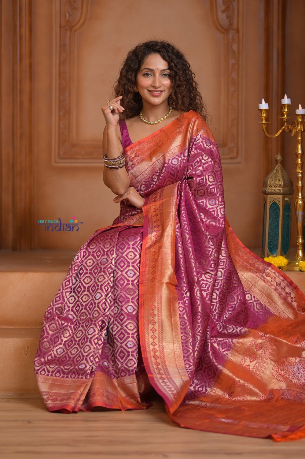 Shubh Lakshmi ~ Handloom High Quality Pure Soft Silk Brocade Saree in Rose Pink and Orange (Silk Mark Certified) - verymuchindian.com