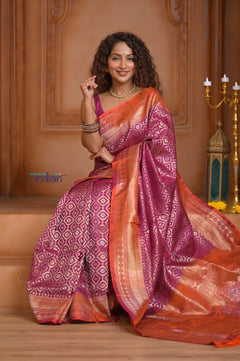 Shubh Lakshmi ~ Handloom High Quality Pure Soft Silk Brocade Saree in Rose Pink and Orange (Silk Mark Certified) - verymuchindian.com
