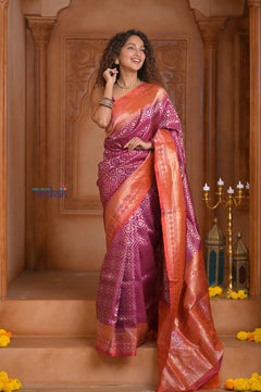 Shubh Lakshmi ~ Handloom High Quality Pure Soft Silk Brocade Saree in Rose Pink and Orange (Silk Mark Certified) - verymuchindian.com