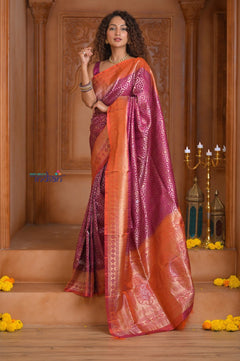 Shubh Lakshmi ~ Handloom High Quality Pure Soft Silk Brocade Saree in Rose Pink and Orange (Silk Mark Certified) - verymuchindian.com