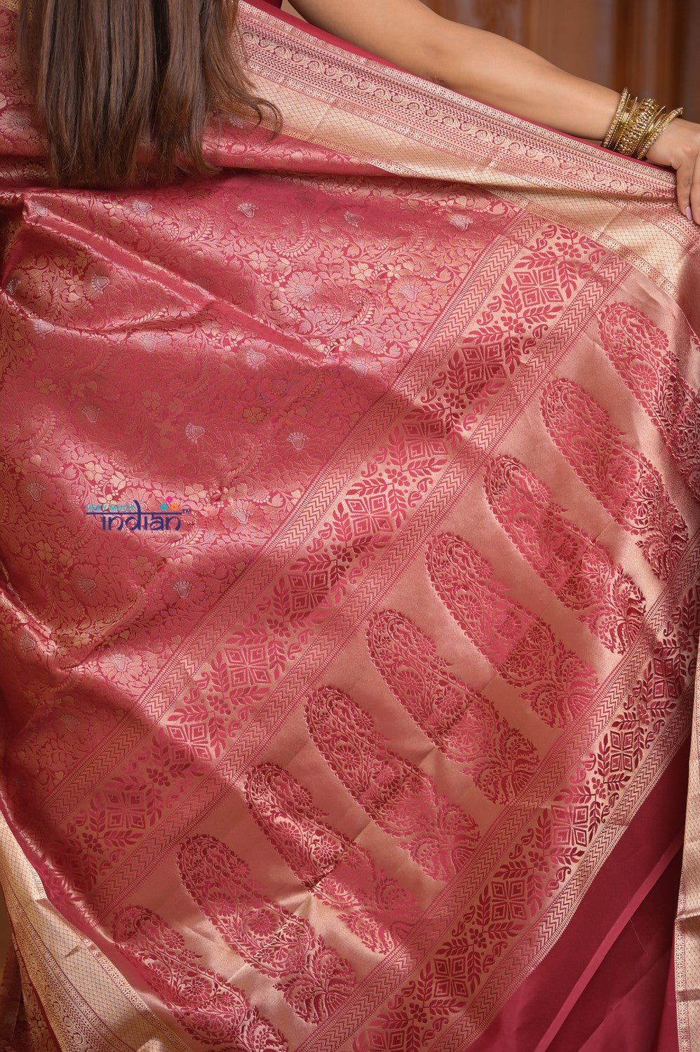 Shubh Lakshmi ~ Handloom High Quality Pure Soft Silk Brocade Saree in Rust (Silk Mark Certified) - verymuchindian.com