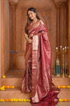 Shubh Lakshmi ~ Handloom High Quality Pure Soft Silk Brocade Saree in Rust (Silk Mark Certified) - verymuchindian.com