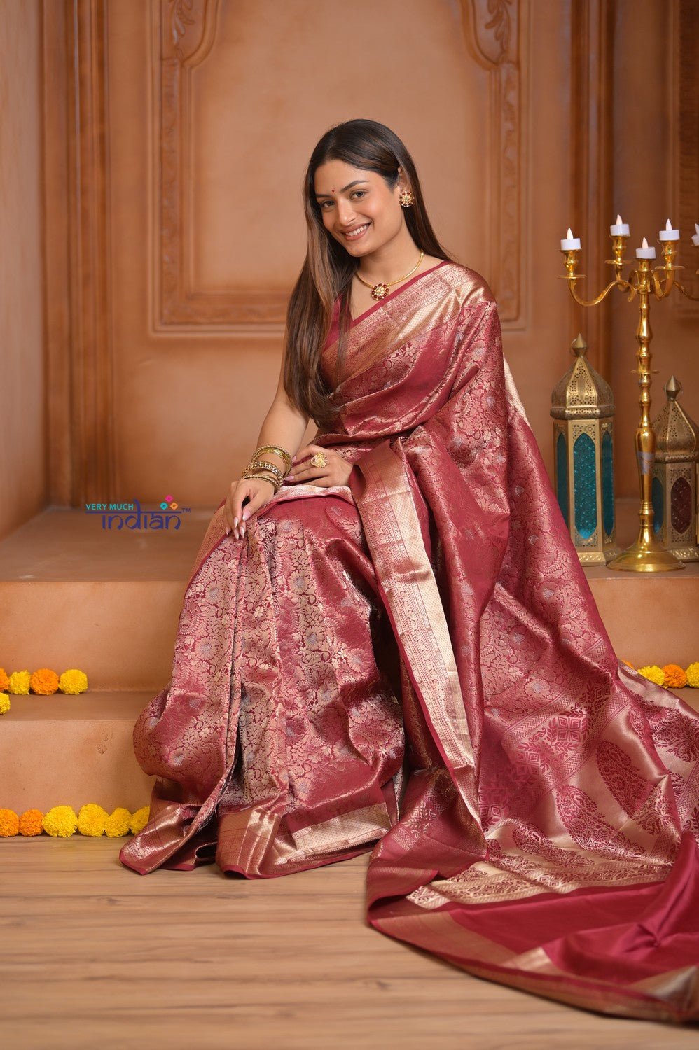 Shubh Lakshmi ~ Handloom High Quality Pure Soft Silk Brocade Saree in Rust (Silk Mark Certified) - verymuchindian.com
