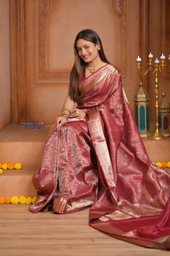 Shubh Lakshmi ~ Handloom High Quality Pure Soft Silk Brocade Saree in Rust (Silk Mark Certified) - verymuchindian.com