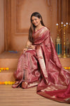 Shubh Lakshmi ~ Handloom High Quality Pure Soft Silk Brocade Saree in Rust (Silk Mark Certified) - verymuchindian.com