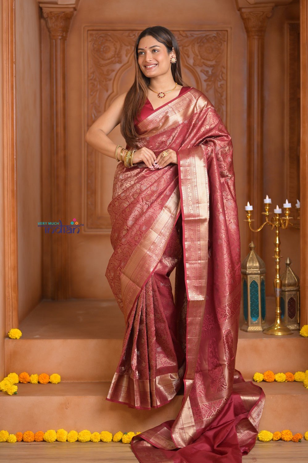 Shubh Lakshmi ~ Handloom High Quality Pure Soft Silk Brocade Saree in Rust (Silk Mark Certified) - verymuchindian.com