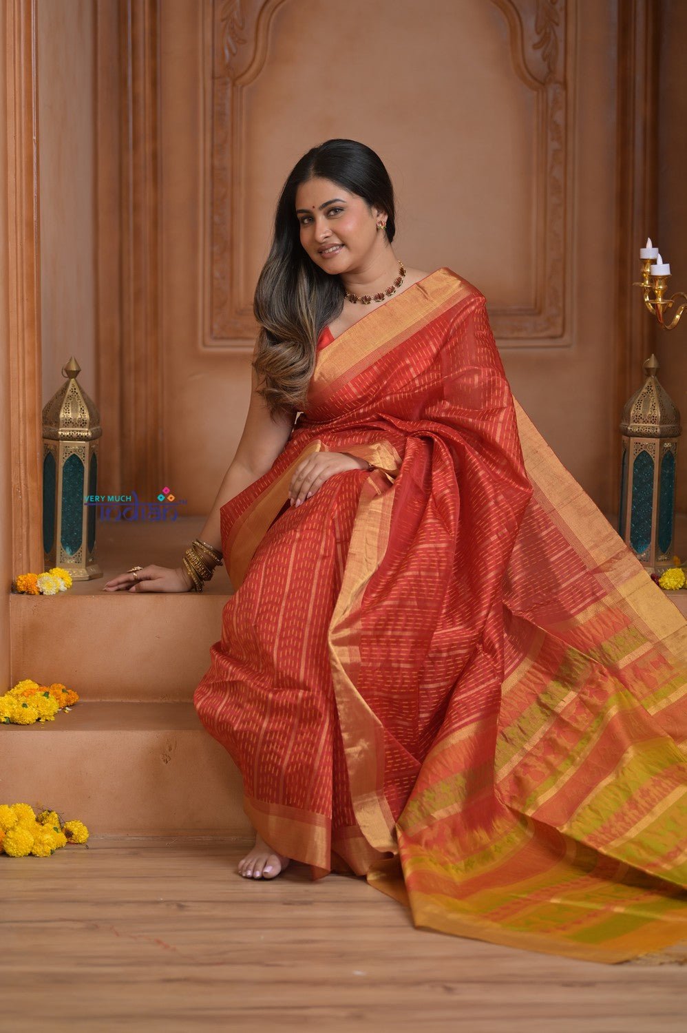 Shubh Lakshmi~ Handloom High Quality Pure Soft Silk Kota Saree in Crimson Red (Silk Mark Certified) - verymuchindian.com