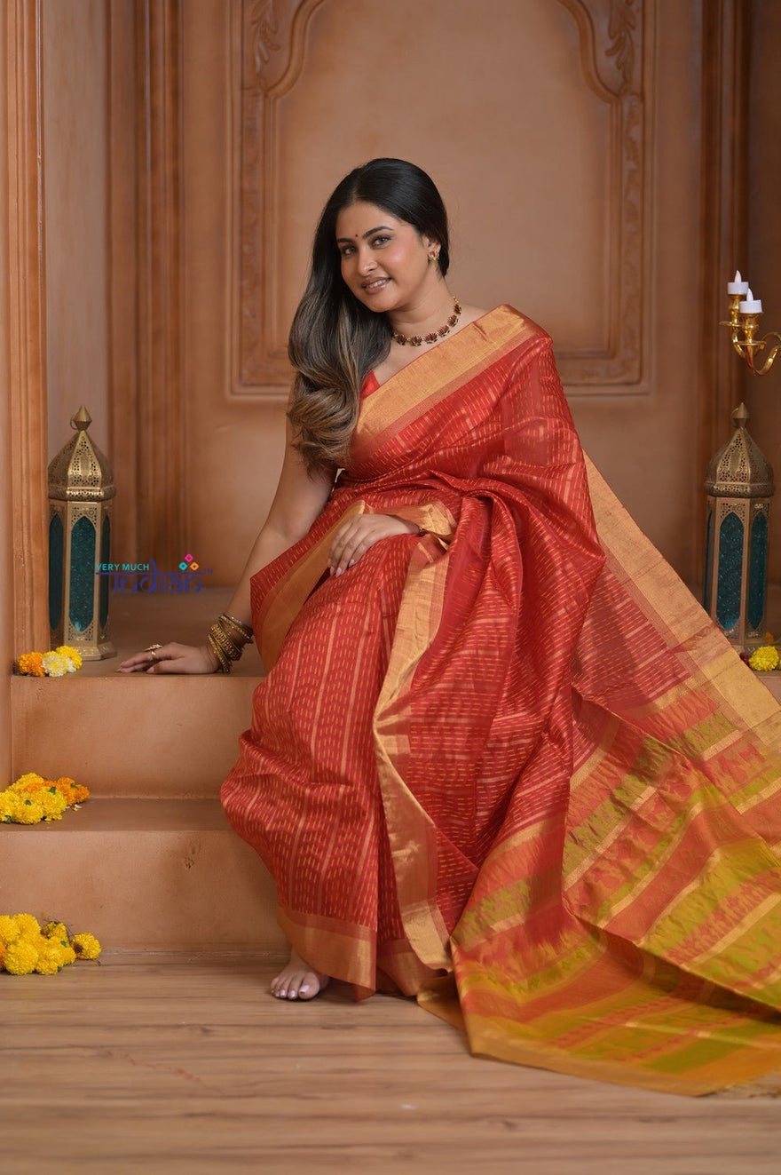 Shubh Lakshmi~ Handloom High Quality Pure Soft Silk Kota Saree in Crimson Red (Silk Mark Certified) - verymuchindian.com