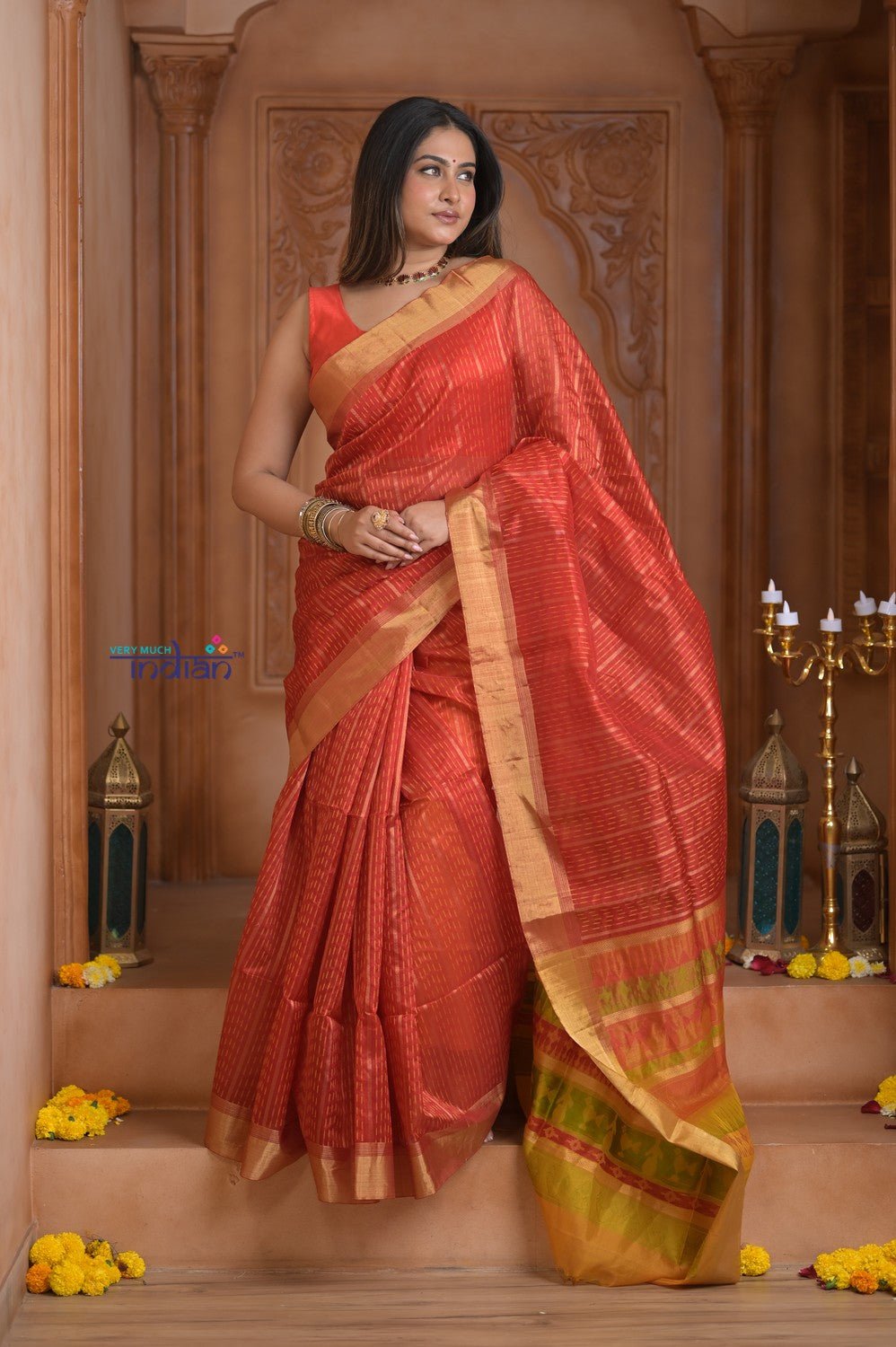 Shubh Lakshmi~ Handloom High Quality Pure Soft Silk Kota Saree in Crimson Red (Silk Mark Certified) - verymuchindian.com