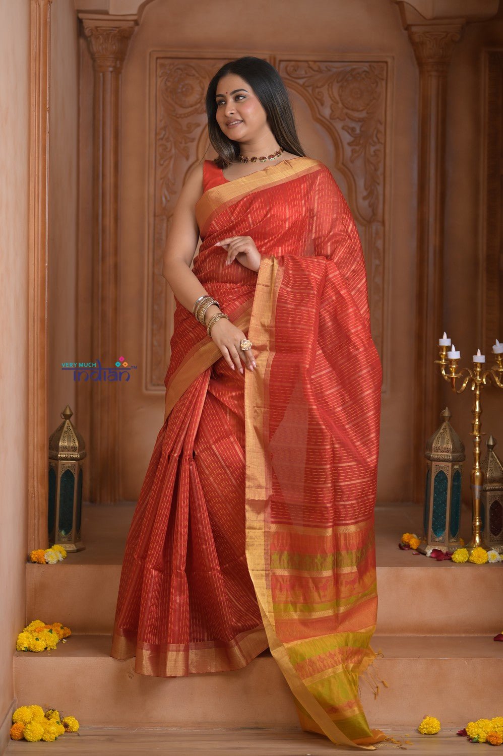 Shubh Lakshmi~ Handloom High Quality Pure Soft Silk Kota Saree in Crimson Red (Silk Mark Certified) - verymuchindian.com