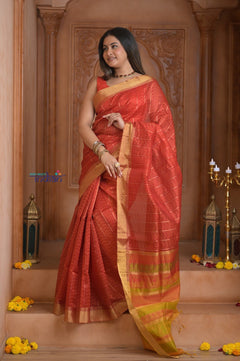 Shubh Lakshmi~ Handloom High Quality Pure Soft Silk Kota Saree in Crimson Red (Silk Mark Certified) - verymuchindian.com