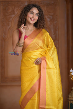 Shubh Lakshmi~ Handloom High Quality Pure Soft Silk Kota Saree in Light Yellow (Silk Mark Certified) - verymuchindian.com