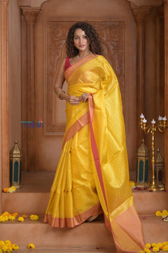 Shubh Lakshmi~ Handloom High Quality Pure Soft Silk Kota Saree in Light Yellow (Silk Mark Certified) - verymuchindian.com