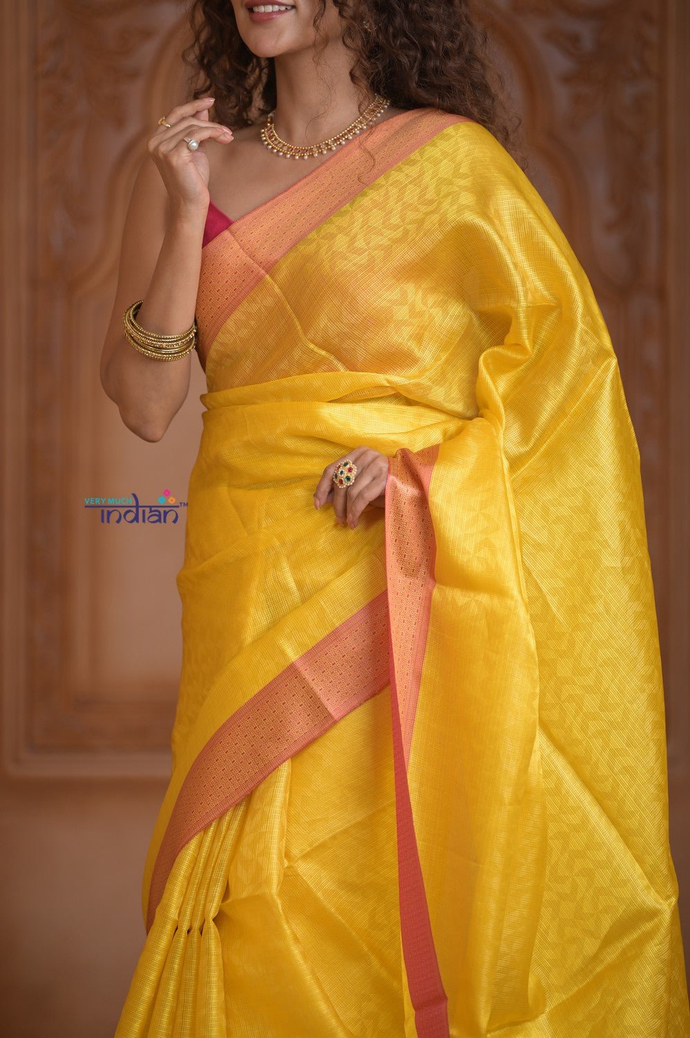 Shubh Lakshmi~ Handloom High Quality Pure Soft Silk Kota Saree in Light Yellow (Silk Mark Certified) - verymuchindian.com
