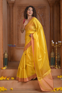 Shubh Lakshmi~ Handloom High Quality Pure Soft Silk Kota Saree in Light Yellow (Silk Mark Certified) - verymuchindian.com