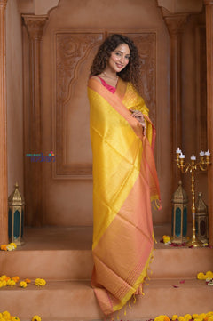 Shubh Lakshmi~ Handloom High Quality Pure Soft Silk Kota Saree in Light Yellow (Silk Mark Certified) - verymuchindian.com