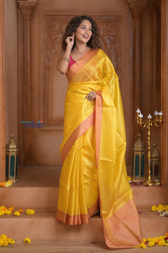 Shubh Lakshmi~ Handloom High Quality Pure Soft Silk Kota Saree in Light Yellow (Silk Mark Certified) - verymuchindian.com