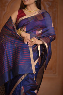 Shubh Lakshmi ~ Handloom High Quality Pure Soft Silk Kota Saree in Royal Blue (Silk Mark Certified) - verymuchindian.com